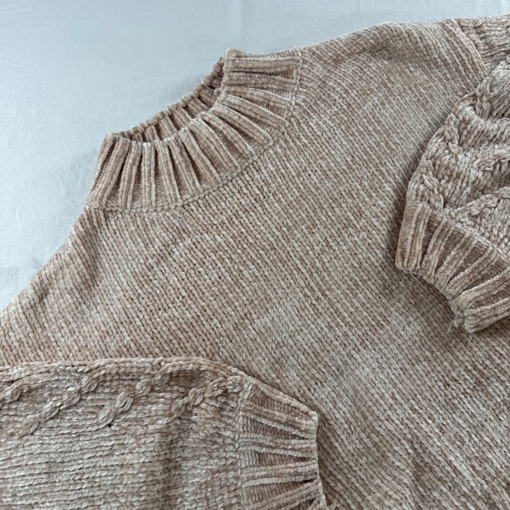 Princess Polly Women's S/M Tan Chenille Cable Knit Mock Neck Cropped Sweater